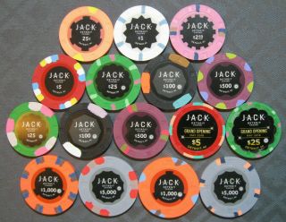 Jack Detroit Casino.  Full Sample Set.  Poker Gaming Chips.  Paulson Top Hat & Cane