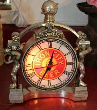 Unique Iron City Beer Lighted Counter & Wall Clock W/ Statues