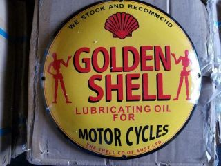 Vintage Porcelain Sign 12 " Golden Shell Motorcycle Oil