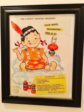 Framed 1955 Karo Syrup Print Ad Little Girl As Pocahontas Indian