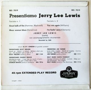 PRESENTIAMO JERRY LEE LEWIS ITALY 1958 EP on LONDON ROCK ' N ' ROLL GEM very rare 2