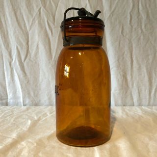 Rare Whittled Dark Amber Brown Antique Globe Quart Canning Fruit Jar w/ Lid 3