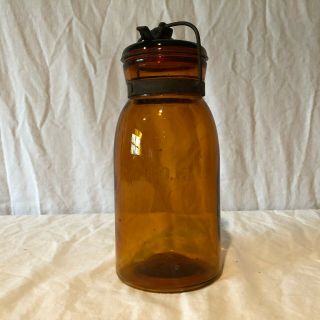Rare Whittled Dark Amber Brown Antique Globe Quart Canning Fruit Jar w/ Lid 4