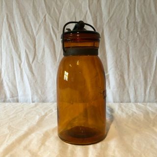 Rare Whittled Dark Amber Brown Antique Globe Quart Canning Fruit Jar w/ Lid 5