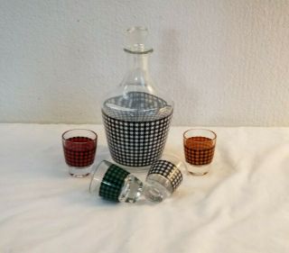 Vintage Retro Bar Checkered Liquor Decanter Glass Set W/ 4 Shot Glasses France