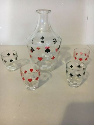 Vintage Playing Card Graphics Glass Decanter W/ 4 - Shot Glasses