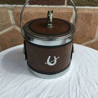 Vintage Ice Bucket Equestrian Horse Polo Faux Leather Chrome Mid Century Bar