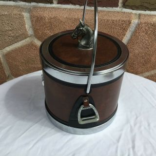 Vintage Ice Bucket Equestrian Horse Polo Faux Leather Chrome Mid Century Bar 2