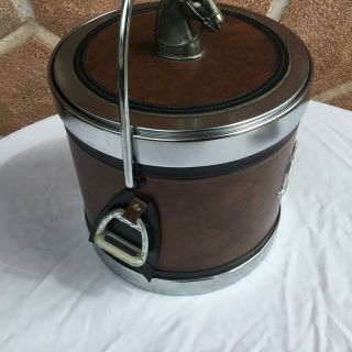 Vintage Ice Bucket Equestrian Horse Polo Faux Leather Chrome Mid Century Bar 4