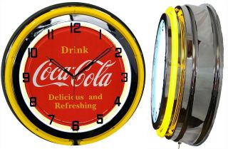 Drink Coca Cola Delicious And Refreshing 19 " Yellow Neon Clock Chrome Finish
