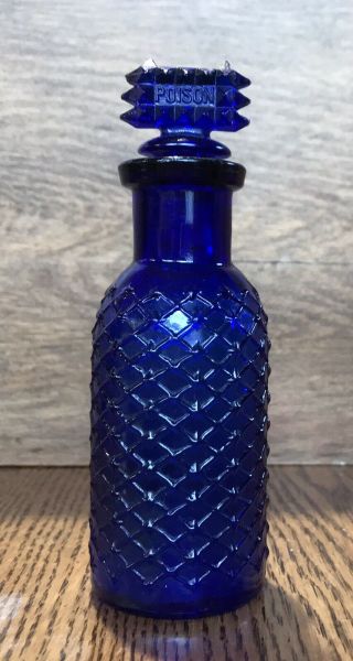 Antique Cobalt Blue Poison Cross Hatched Bottle W/ Poison Stopper,  H.  B.  Co.  1890