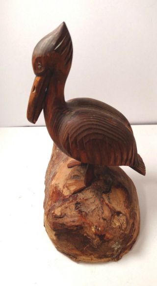 Signed Hand Carved Wood Pelican Figurine Statue 7 " Long 7 " High