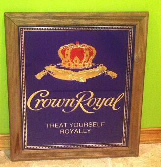 Rare Wood Frame Crown Royal Whiskey Foil Mirror Sign Reflective Legendary Import