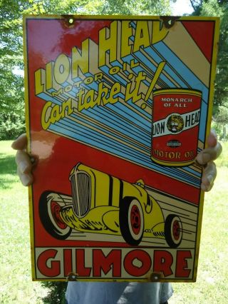 Old 1939 Gilmore Lion Head Motor Oil Porcelain Enamel Gas Pump Sign