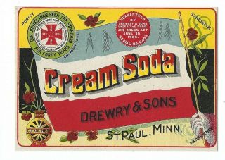 Prohibition Era Cream Soda Label Drewry & Sons St.  Paul Mn