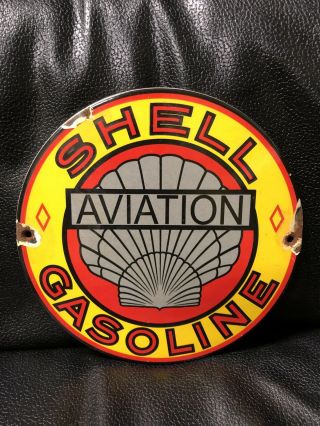 Vintage Shell Aviation Gasoline Porcelain 6 " Sign
