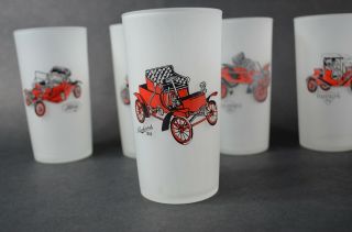 Vintage Set Of 5 Antique Cars Frosted Drinking Glasses Tumblers Barware