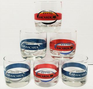 Set Of 6 Bacardi Rum Rocks Low Ball Glasses Football Design