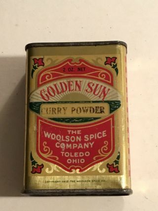 Vintage Spice Tin Golden Sun Curry Powder 2 Oz Woolson Spice Company
