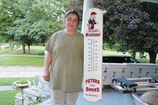 Large Peters Weatherbird Shoes Gas Oil 39 " Porcelain Metal Thermometer Sign