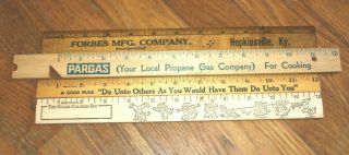 4 Vintage Wooden Rulers Pargas,  Forbes Mfg. ,  Coca - Cola Bottling,  & First Steps