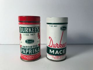 2 Vintage Spice Tins Durkee ' s Mace & Paprika Round Metal 2 - 7/8 