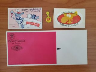 Jay Ward Bullwinkle Moosylvania Envelope,  Decal & Button,  Savings Stamp Club Card