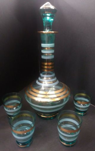 Vintage Liquor Decanter With Four Cordial/shot Glasses Aqua,  White And Gold