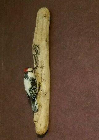 Vintage Carved Wood Downy Woodpecker Bird On Wood Sculpture Wall Hanger Folk Art