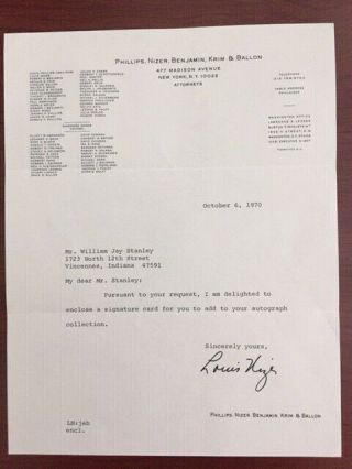 Louis Nizer Typed Letter Signed By American Lawyer,  Author,  Artist - Jfk Murder