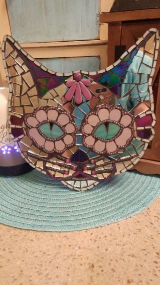 Mosaic mirrored day of the dead sugar skull cat plaque wall art 3