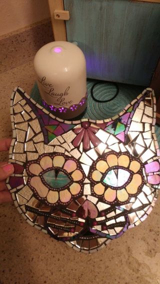 Mosaic mirrored day of the dead sugar skull cat plaque wall art 6