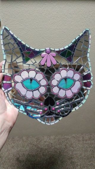 Mosaic mirrored day of the dead sugar skull cat plaque wall art 7