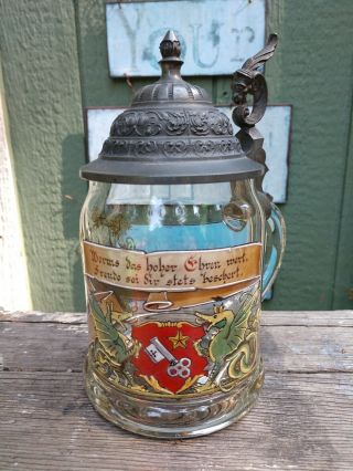 Antique German Glass Enamel Painted Armorial Stein Dragons