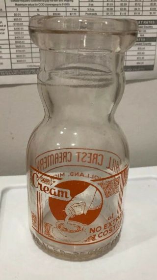 Vintage 1/2 Pint Hill Crest Farms Milk Bottle Holland Mi Mich Michigan