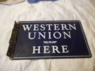 Antique Western Union Here Porcelain Sign Double Sided Hanging Rare