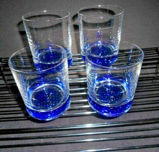 (4) Murano Whiskey Bourbon Glasses Cobalt Blue Controlled Bubble Bottom - W/gift