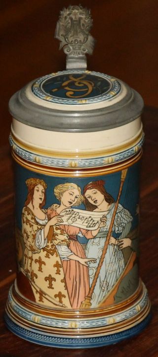 Mettlach 2581 " Ladies Song & Music " 1/2 Liter German Beer Stein Antique - Chip