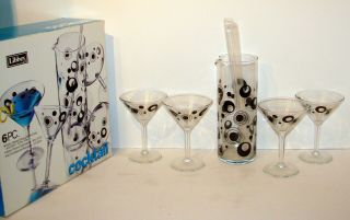 Vtg Libbey Cocktail Martini 6 Piece Set Atomic Mid Century Style Black Circles