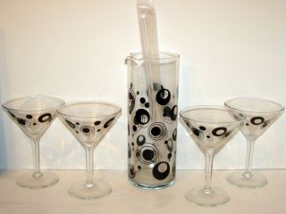 Vtg Libbey Cocktail Martini 6 piece Set Atomic Mid Century Style Black Circles 2