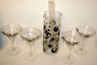 Vtg Libbey Cocktail Martini 6 piece Set Atomic Mid Century Style Black Circles 3