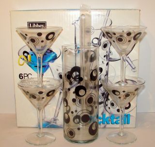 Vtg Libbey Cocktail Martini 6 piece Set Atomic Mid Century Style Black Circles 4