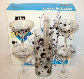 Vtg Libbey Cocktail Martini 6 piece Set Atomic Mid Century Style Black Circles 5