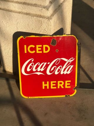 1949 Coca Cola Flange Porcelain Sign Iced Coca Cola Here.  Canadian Sign
