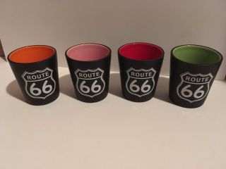 Route 66 Set Of Four Shot Glasses Black With Red Pink Orange Green