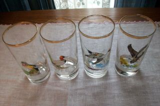 Set Of 4 Ned Smith Duck Glasses 5.  5 " Gold Trim