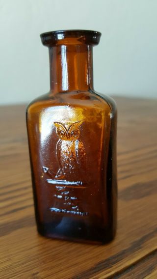 The Owl Drug Co.  Amber Drug Store Bottle 3 1/8 Inches Tall
