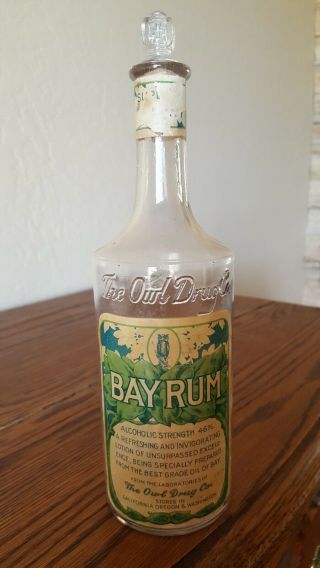 The Owl Drug Co.  Bay Rum Bottle And Stopper Rare Great Label Near