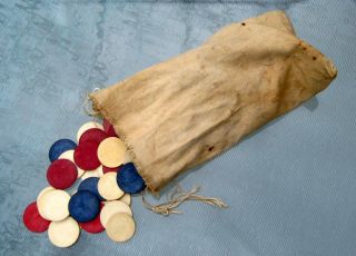Civil War ?? 19th Century Antique Clay Poker Chips In Orig Cloth Carrying Bag