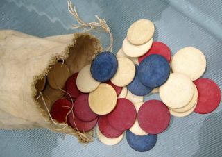 CIVIL WAR ?? 19TH CENTURY ANTIQUE CLAY POKER CHIPS IN ORIG CLOTH CARRYING BAG 2